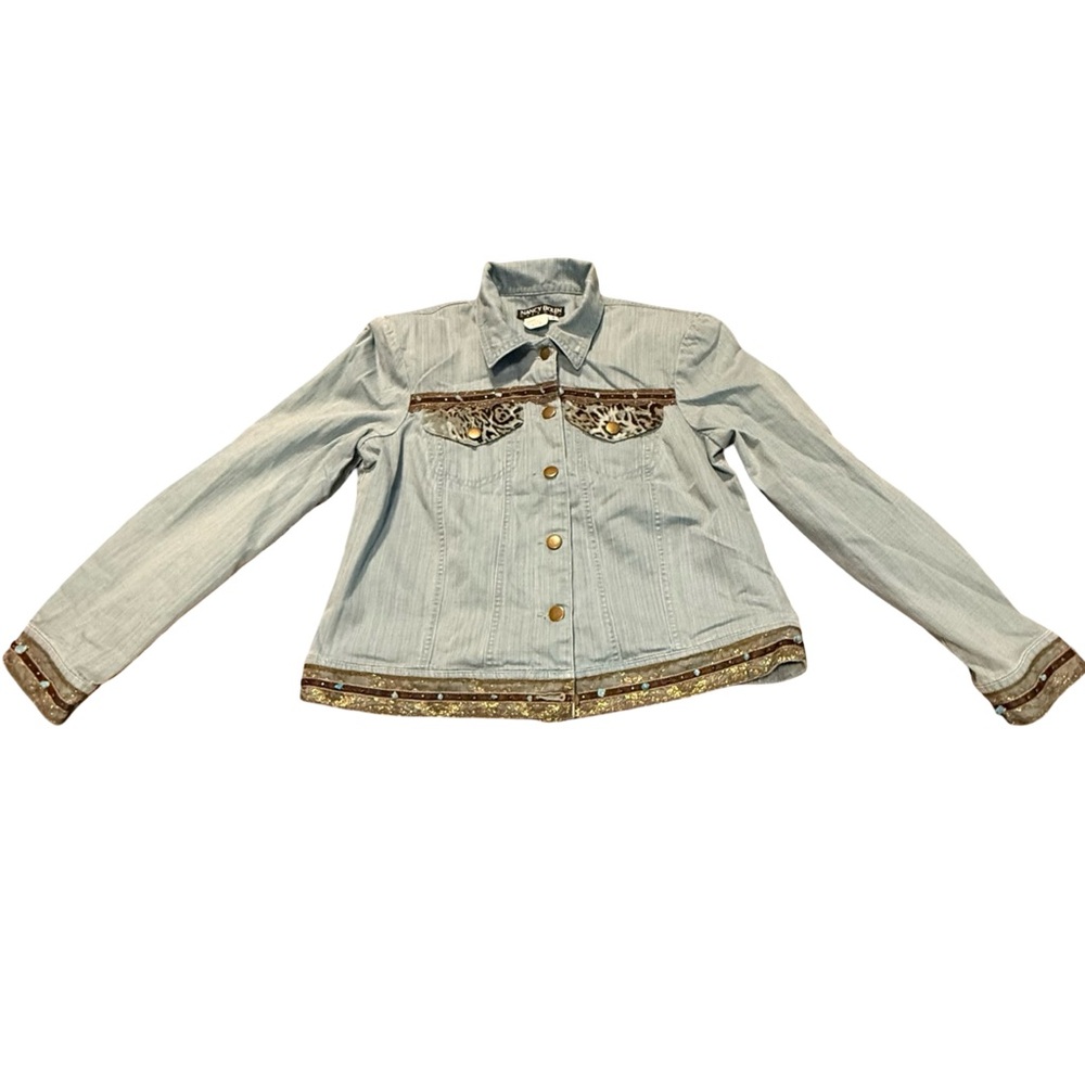 Nancy Bolen Y2K Embellished Denim Jacket‎ Leopard Trim Sequin Jean Jacket Sz 8